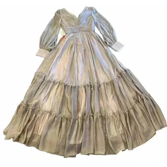 Mac Duggal Wrap Illusion Bishop Sleeve Tiered Gown Sz 6 Mocha Formal Maxi Dress - Picture 7 of 7